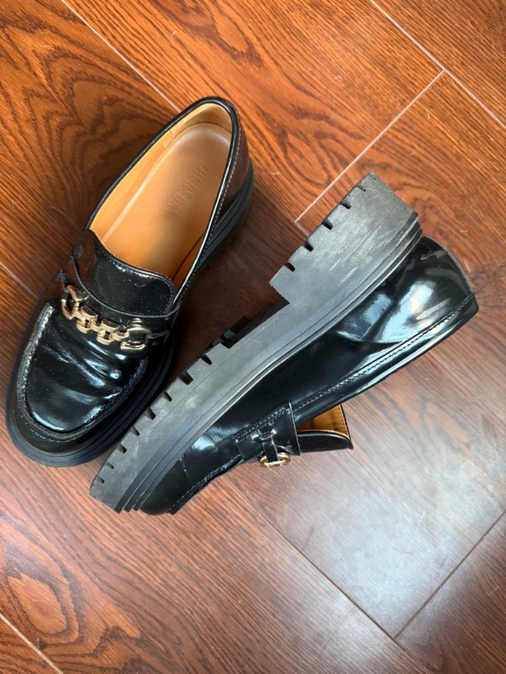 Thursday Boot Company Black Patent Loafers with Gold Chain